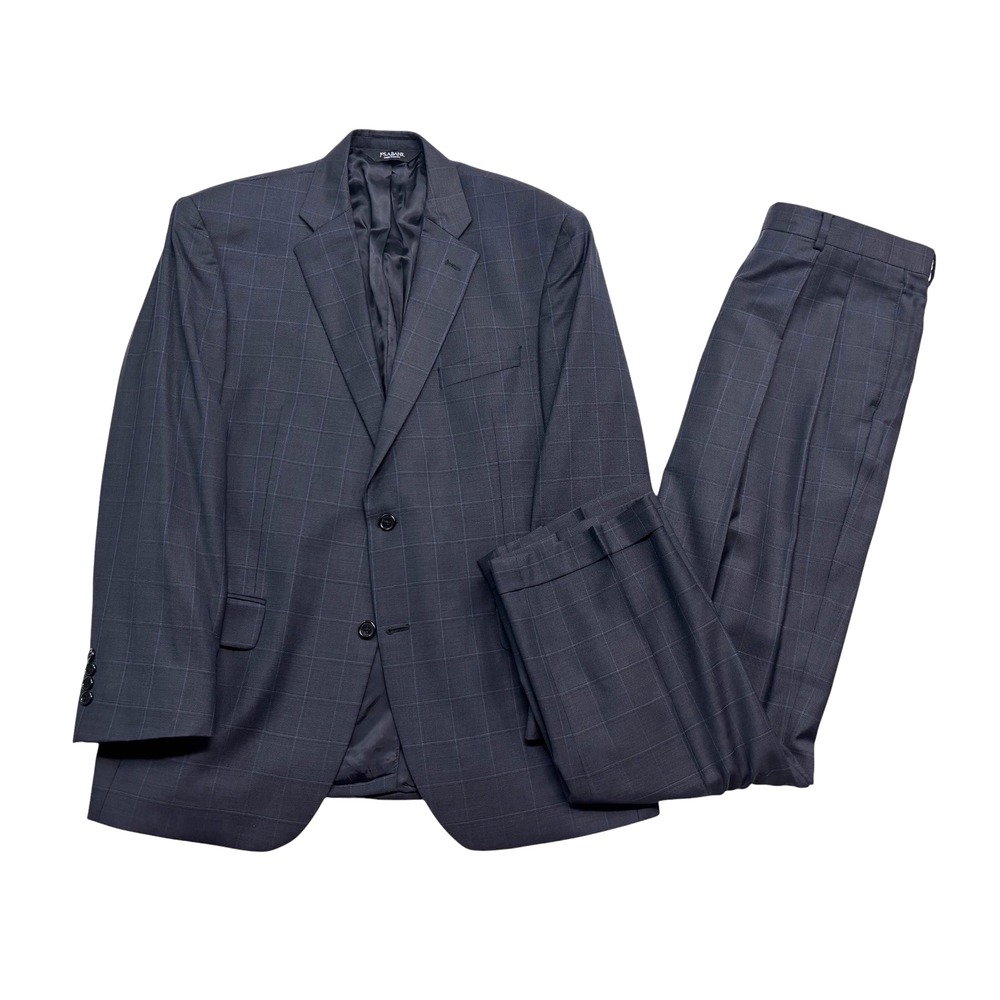 Jos A Bank 42R 36x30 Gray Windowpane 2pc Pant Suit Signature Collection Pleated